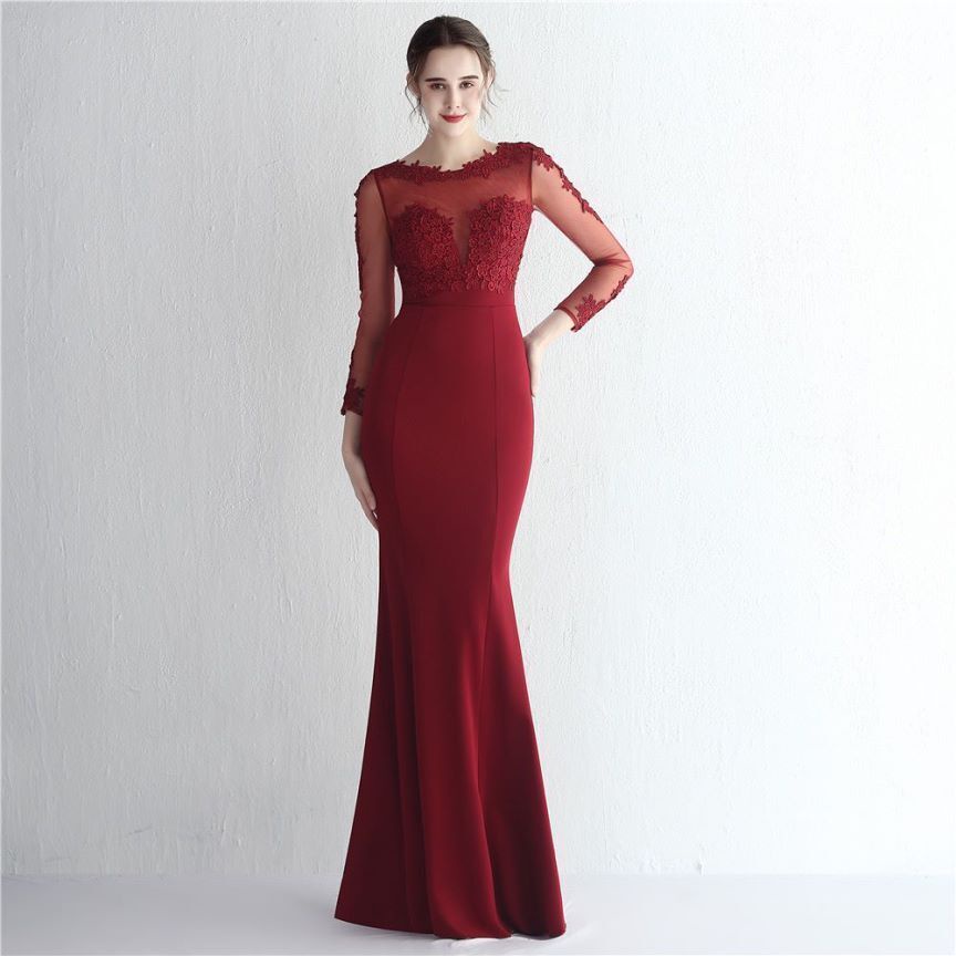Elegant Long Sleeve Lace Mermaid Evening Gown (Maroon) (Retail)