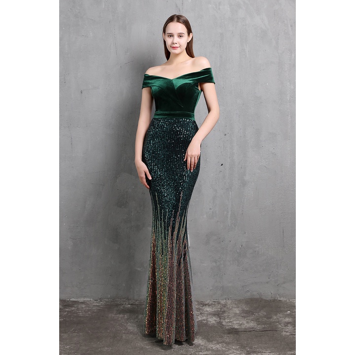 Off Shoulder Sequins Two Tone Mermaid Evening Gown (Green) (Retail)