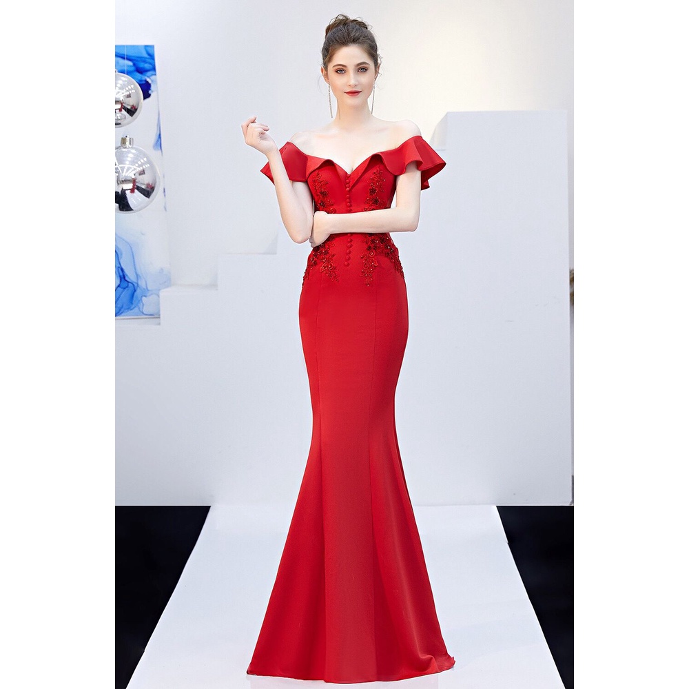 Off Shoulder Bodycon Mermaid Evening Gown (Red) (Made To Order)