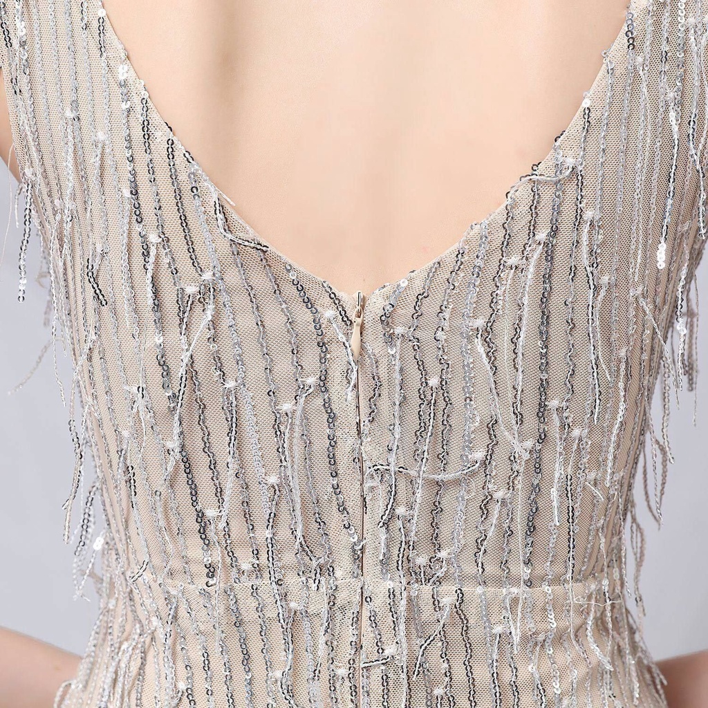 V-Neck Sequins Pattern Evening Gown (Silver) (Made To Order)