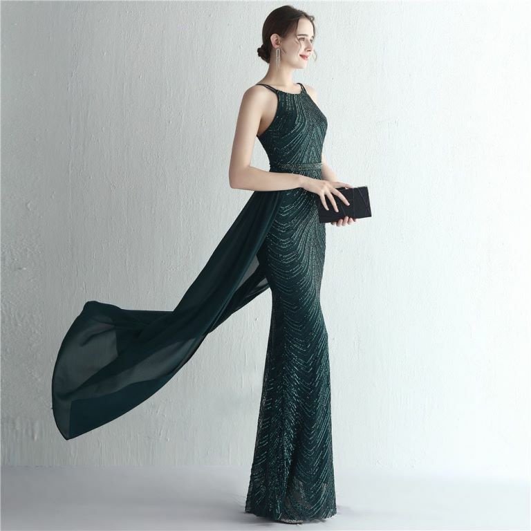 Halter Sequins with Cape Skirt in Mermaid Style Evening Gowns (Green) (Made To Order)