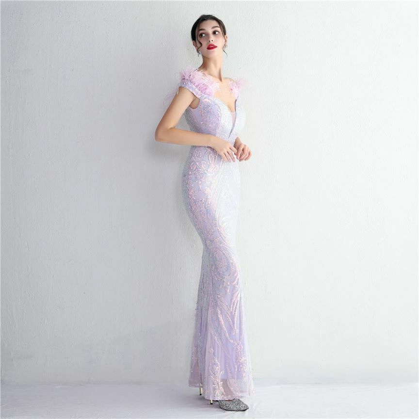 Elegant Off Shoulder Feather Mermaid Evening Gown (Lilac) (Made To Order)