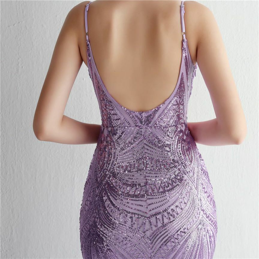Low Back Spaghetti Mermaid Evening Gown (Purple) (Made To Order)