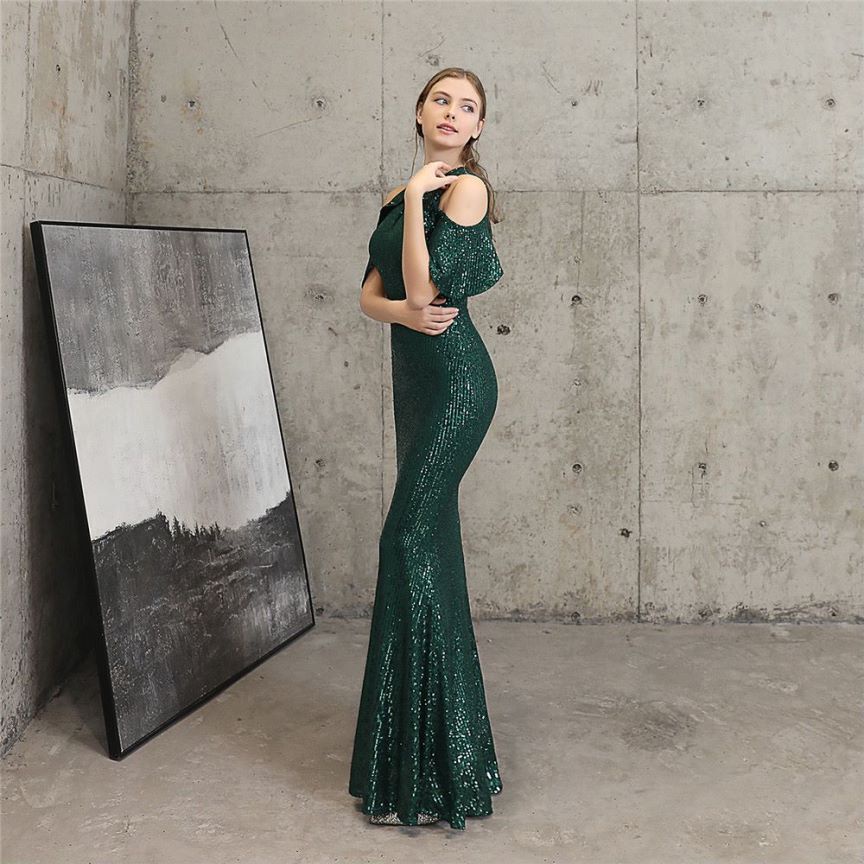 Cold Shoulder Sequins Mermaid Evening Gown (Green) (Made To Order)