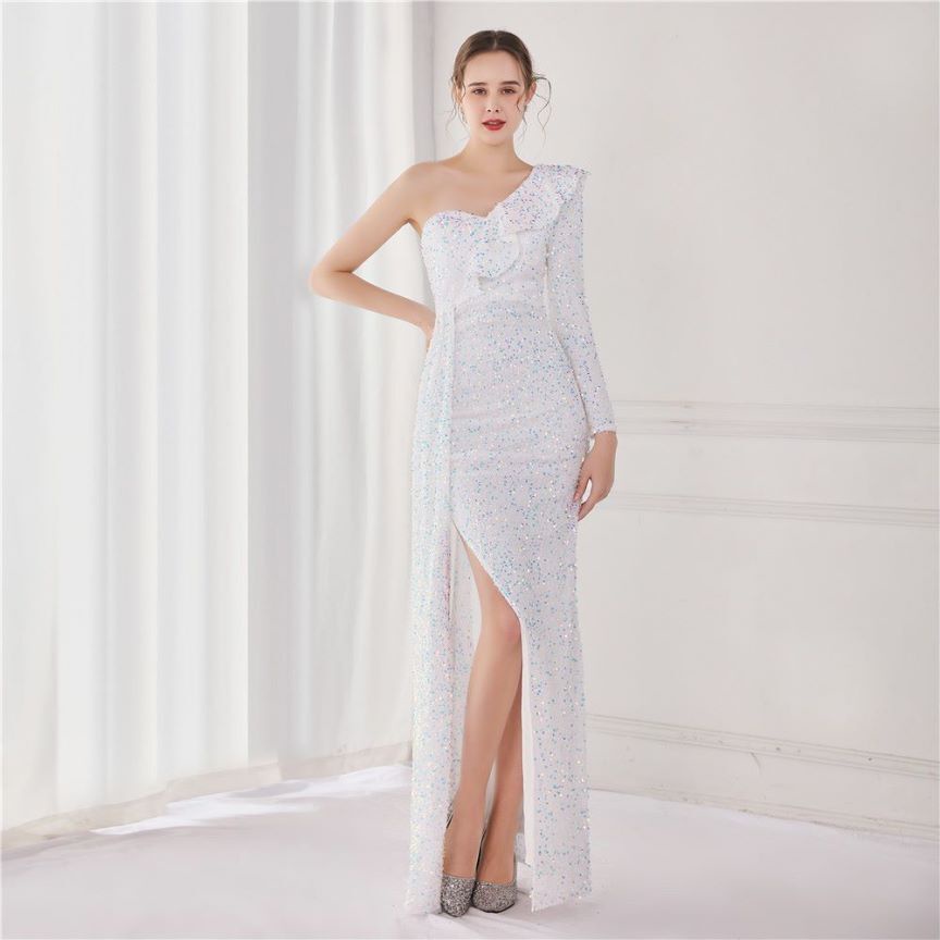 Ruffles One Side Long Sleeve  Sequins Evening Gown (White) (Made To Order)