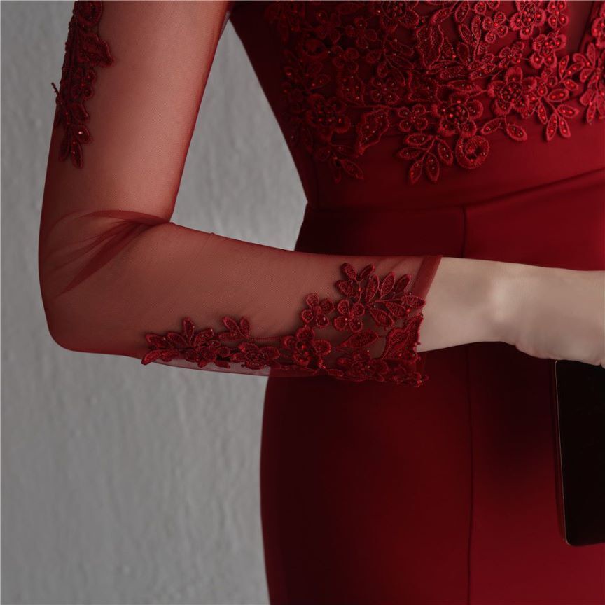 Elegant Long Sleeve Lace Mermaid Evening Gown (Maroon) (Retail)
