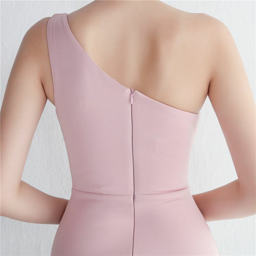 Elegant One Side Off Shoulder with High Slit Gowns (Light Pink) (Retail)