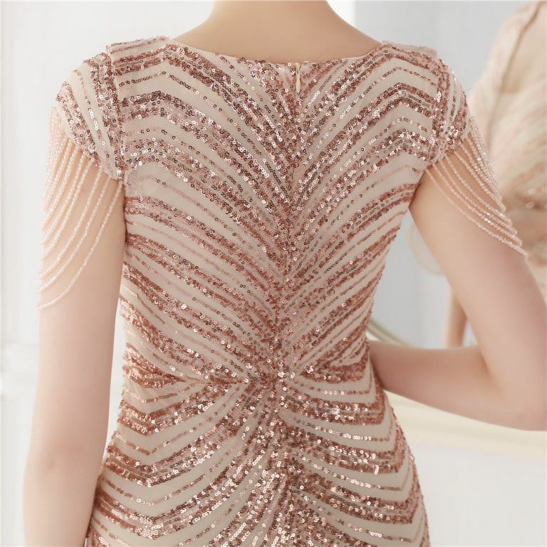 Illusion V-Neck Sequins with Beads Mermaid Evening Gown (Rose Gold) (Made To Order)