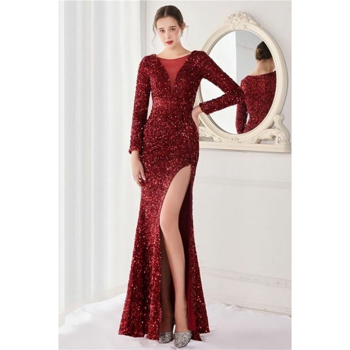 Long Sleeve Illusion V-Neck Evening Gowns (Maroon) (Made To Order)