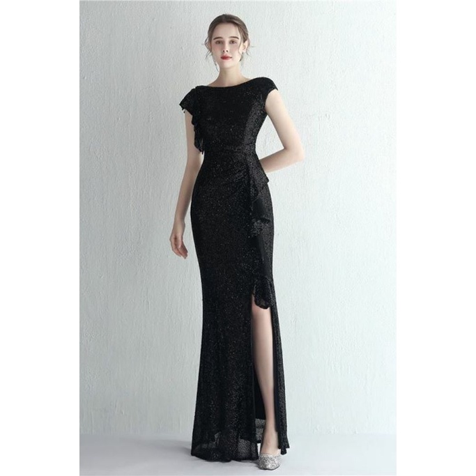 Cover Sleeve Sequins with Ruffles Slit Evening Gown (Black) (Made To Order)