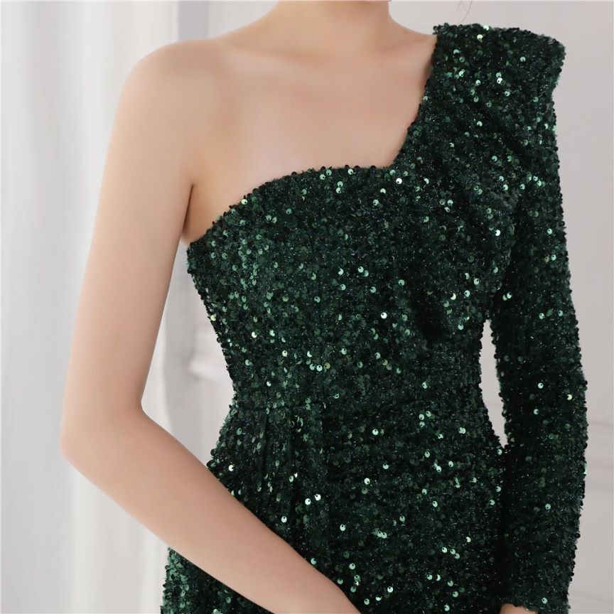 Ruffles One Side Long Sleeve Sequins Evening Gown (Green) (Made To Order)