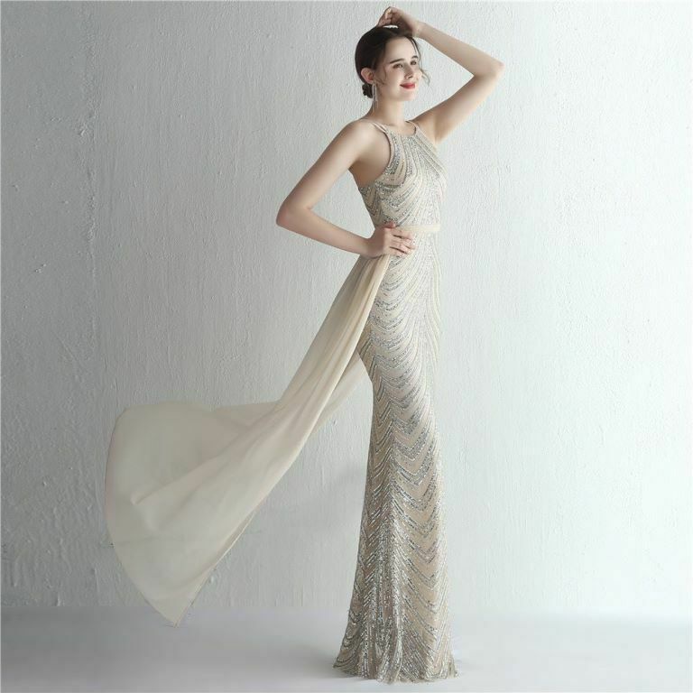Halter Sequins with Cape Skirt in Mermaid Style Evening Gowns (Silver) (Retail)