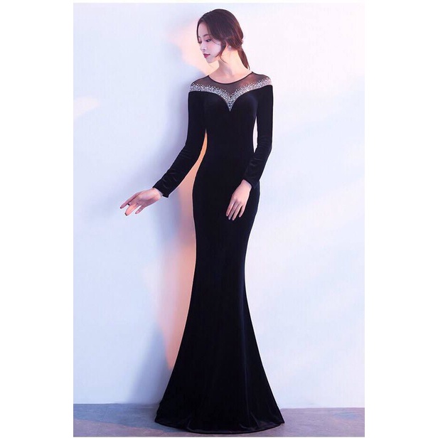 Long Sleeve Velvet Evening Gown (Black) (Made To Order)