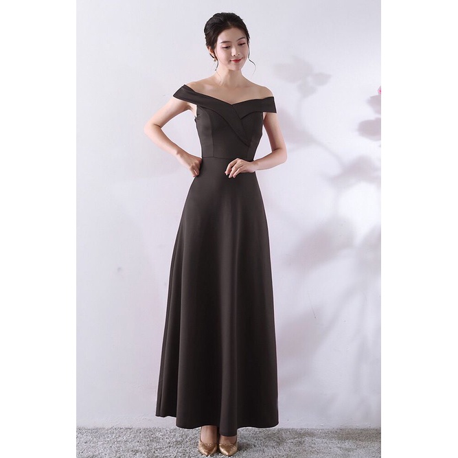 Off Shoulder Plain Flare Long Gown (Black) (Made To Order)