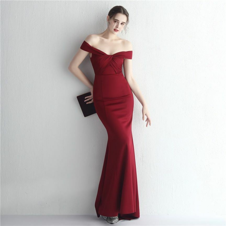 Off Shoulder Twist Slim Mermaid Long Evening Gown (Maroon) (Made To Order)