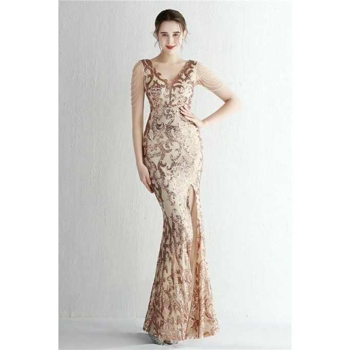 Fashion Crystal Sequins Pattern Evening Gown (Gold) (Made To Order)