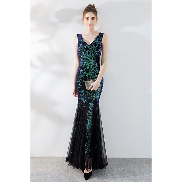 V-Neck Green Sequins Mermaid Long Gown (Made To Order)