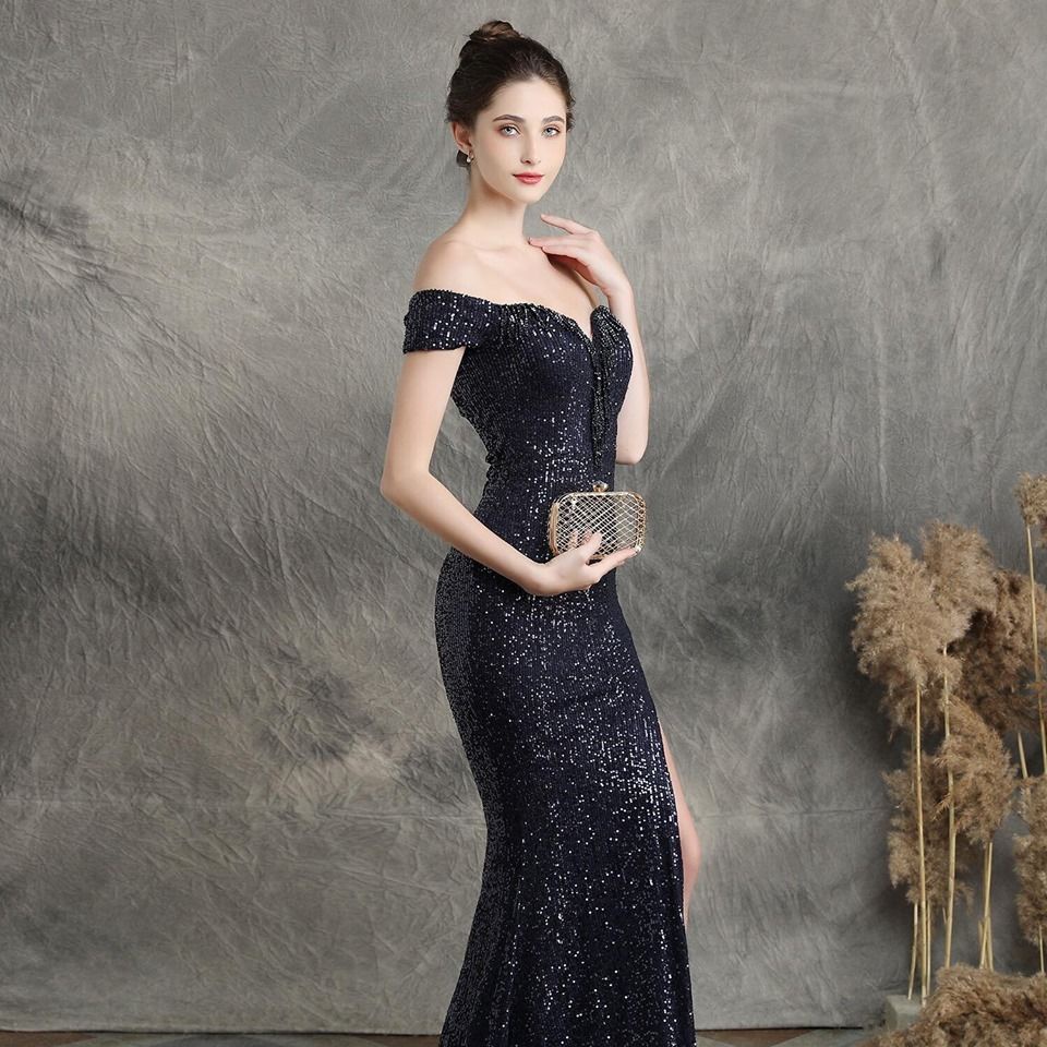 Off Shoulder Sequins With High Slit Evening Gown (Navy Blue) (Made To Order)