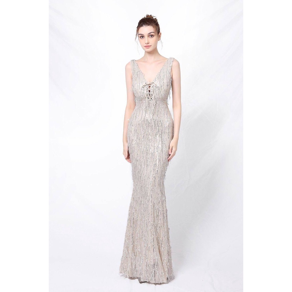 V-Neck Sequins Pattern Evening Gown (Silver) (Made To Order)