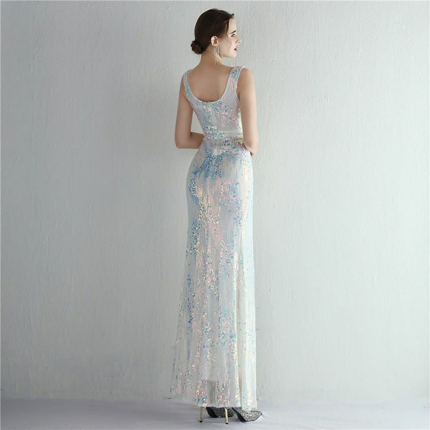 Multicolors Sequins V-Neck High Slit Evening Gown (White) (Made To Order)