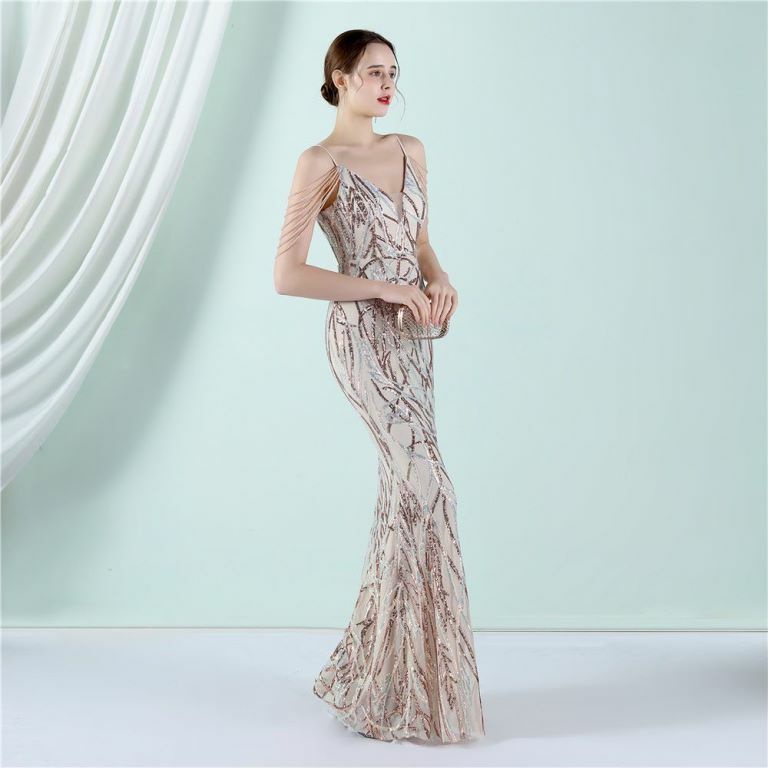 Spaghetti Pattern Sequins Mermaid Evening Gown (Rose Gold) (Made To Order)