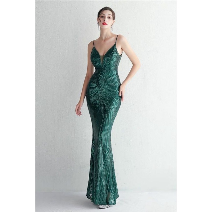Low Back Spaghetti Mermaid Evening Gown (Green) (Made To Order)