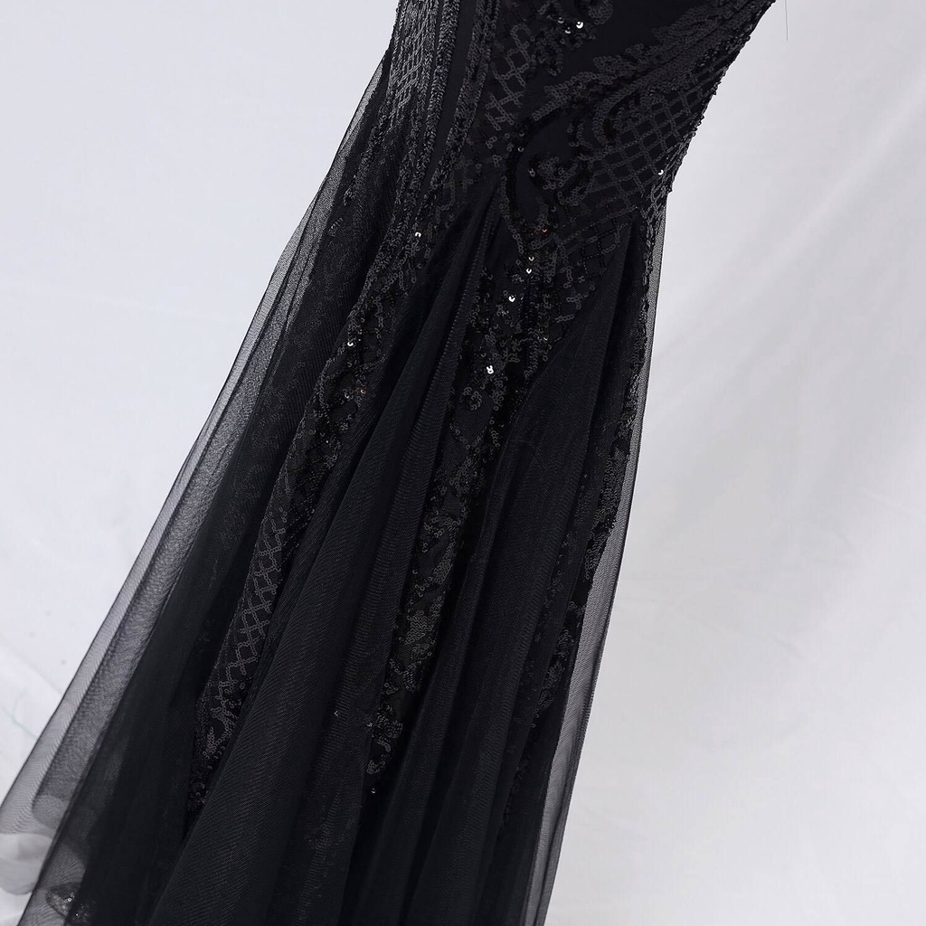 One Side Shoulder Sequins Mermaid Evening Gown (Black) (Made To Order)