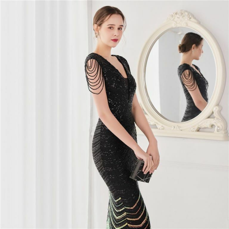 Illusion V-Neck Sequins with Beads Mermaid Evening Gown (Black) (Made To Order)