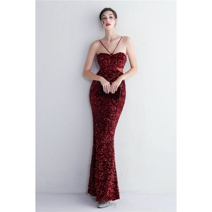 Strapless String With Keyhole Waist Mermaid Gown (Maroon) (Made To Order)