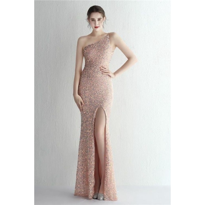 One Side Off Shoulder Sequins Slit Evening Gown (Pink) (Retail)