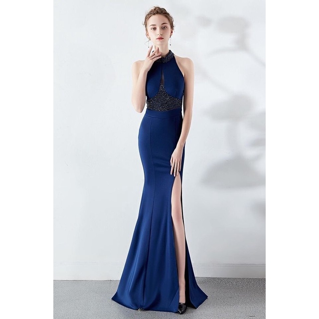 Halter Beads Mermaid Slim Evening Gown (Navy Blue) (Retail)