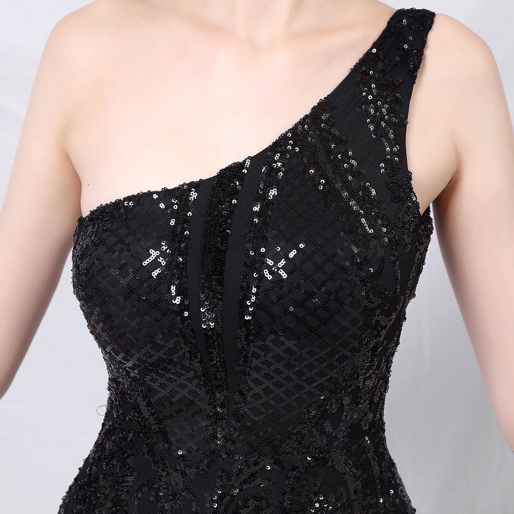 One Side Shoulder Sequins Mermaid Evening Gown (Black) (Made To Order)