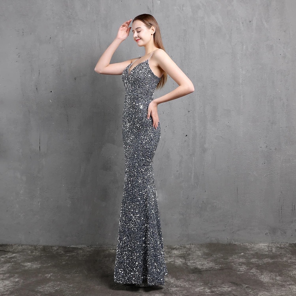 Spaghetti Sequins Mermaid Gown (Grey) (Made To Order)