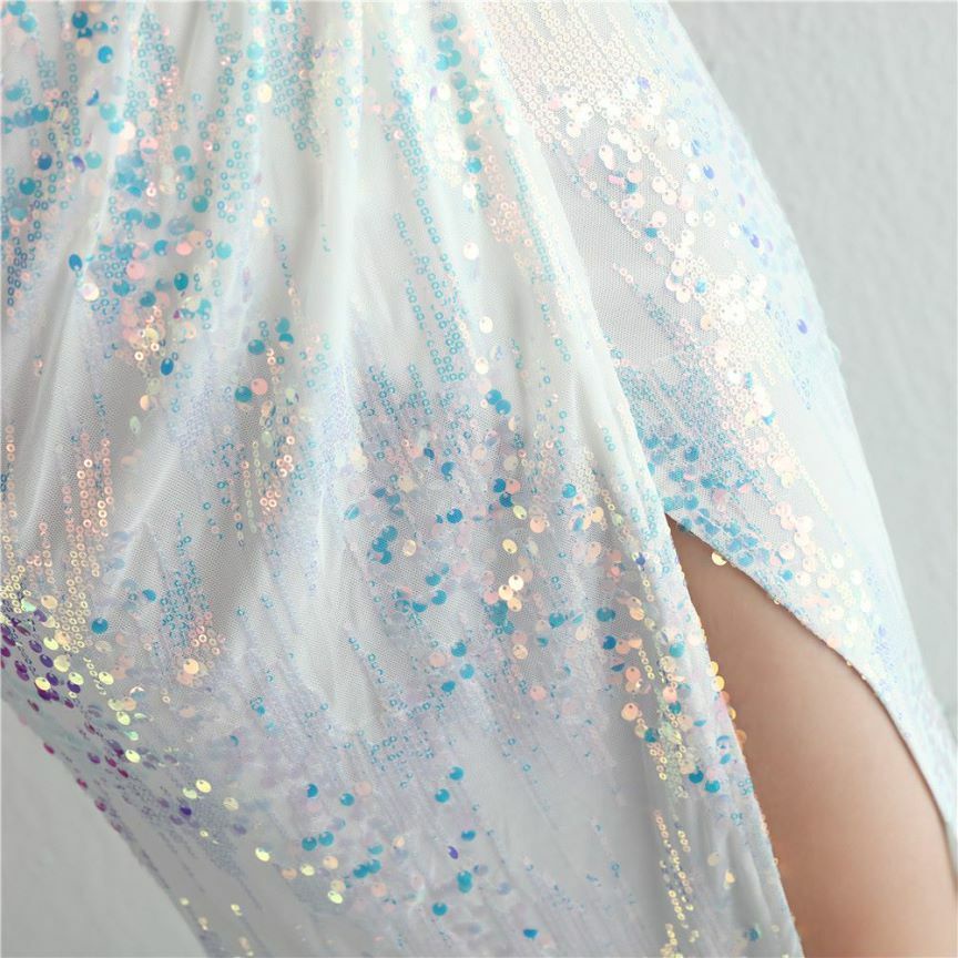 Multicolors Sequins V-Neck High Slit Evening Gown (White) (Made To Order)