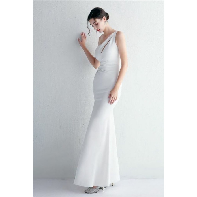 Elegant One Side Off Shoulder with High Slit Gowns (White) (Made To Order)