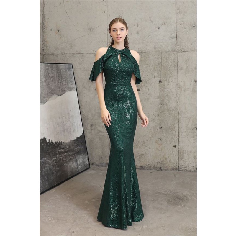 Cold Shoulder Sequins Mermaid Evening Gown (Green) (Made To Order)