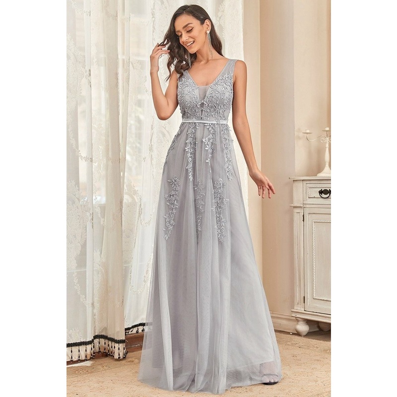 Floral Lace Illusion V-neck Long Maxi Evening Dresses (Grey) (Retail)