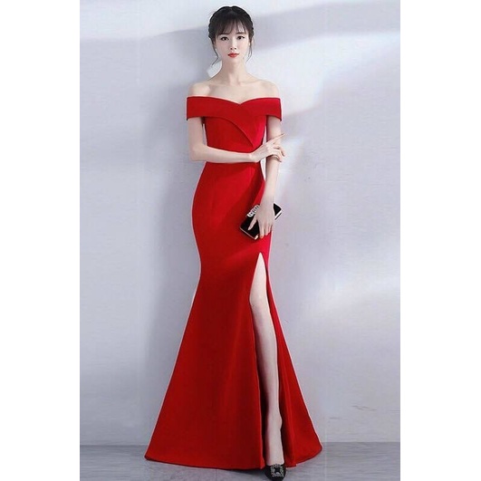 One Shoulder Fitted Slim High Slit Evening Gown (Red) (Made To Order)