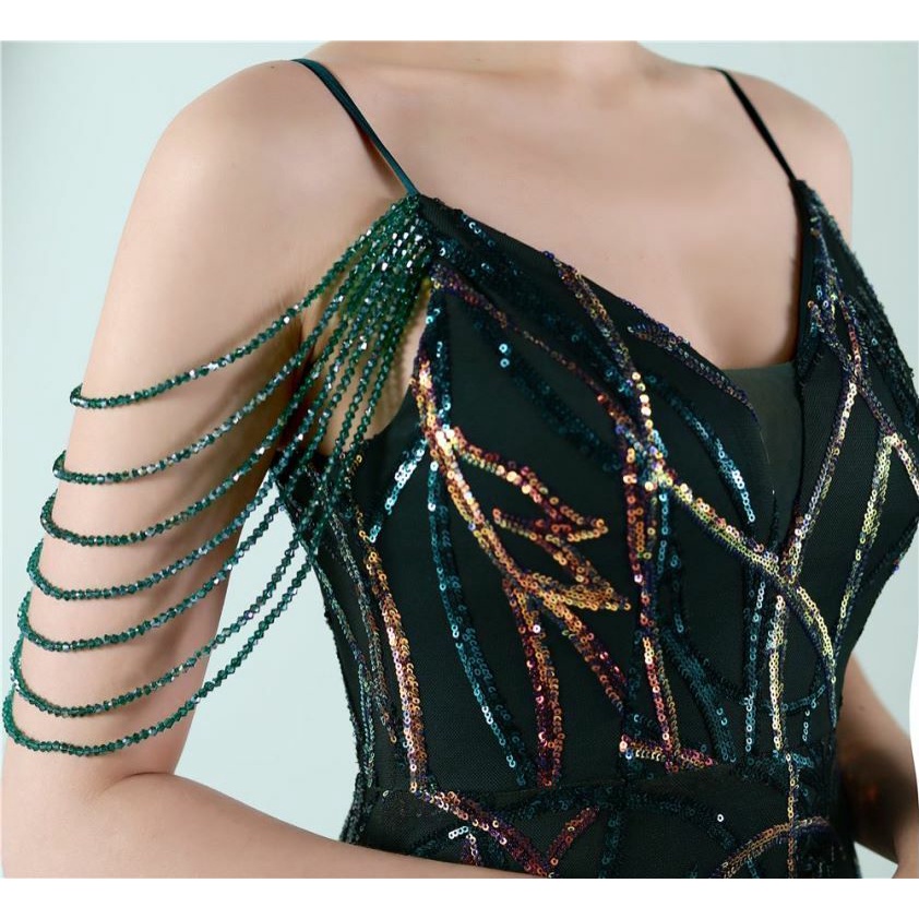 Spaghetti Pattern Sequins Mermaid Evening Gown (Green) (Made To Order)