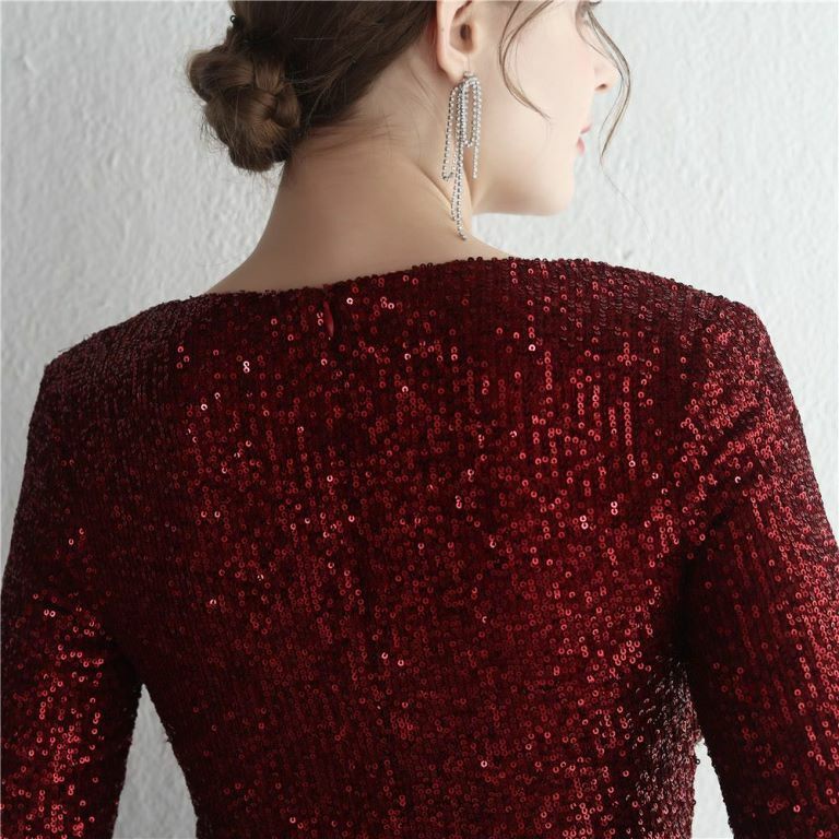 Long Sleeve Sequins Fitted Dress (Maroon) (Made To Order)