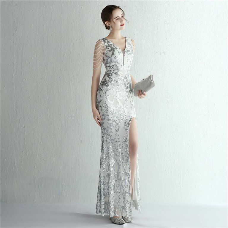 Fashion Crystal Sequins Pattern Evening Gown (Silver) (Made To Order)