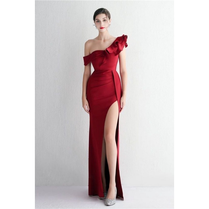 One Side Off Shoulder High Slit Evening Gown (Maroon) (Made To Order)