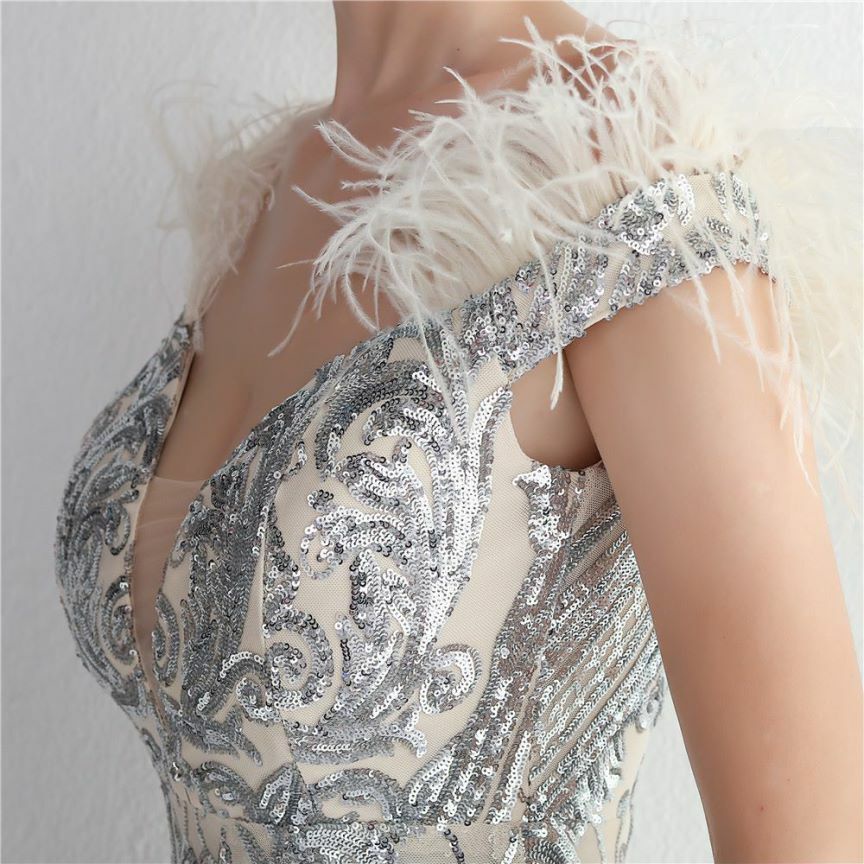 Elegant Off Shoulder Feather Mermaid Evening Gown (Silver) (Made To Order)