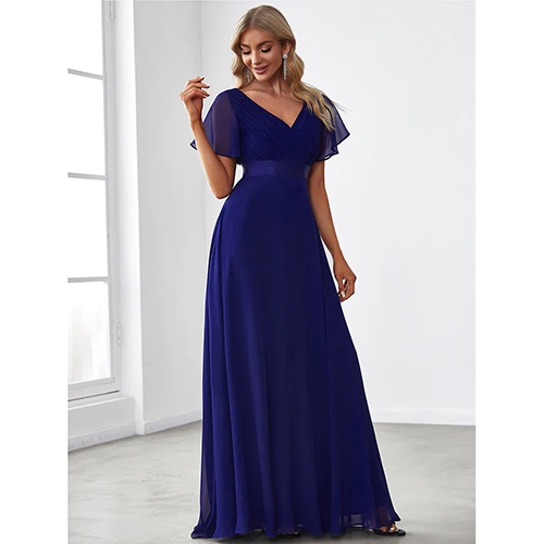 [ReadyStock]  V-Neck Ruffles Sleeve Pleated Evening Dresses (Royal Blue)