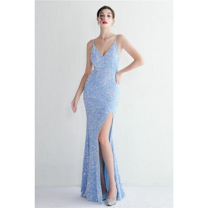 Gorgeous Open Back Spaghetti Evening Gown (Light Blue) (Retail)