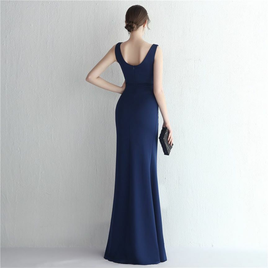 Sweetheart Overlap Slit Evening Gown (Navy Blue) (Made To Order)