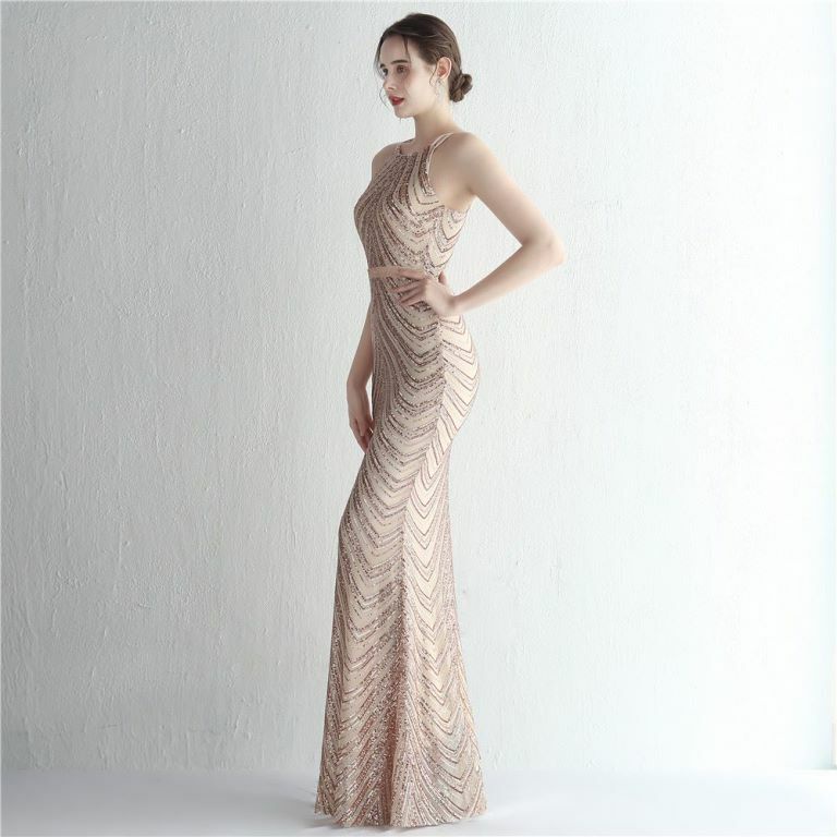 Halter Sequins with Cape Skirt in Mermaid Style Evening Gowns (Gold) (Made To Order)