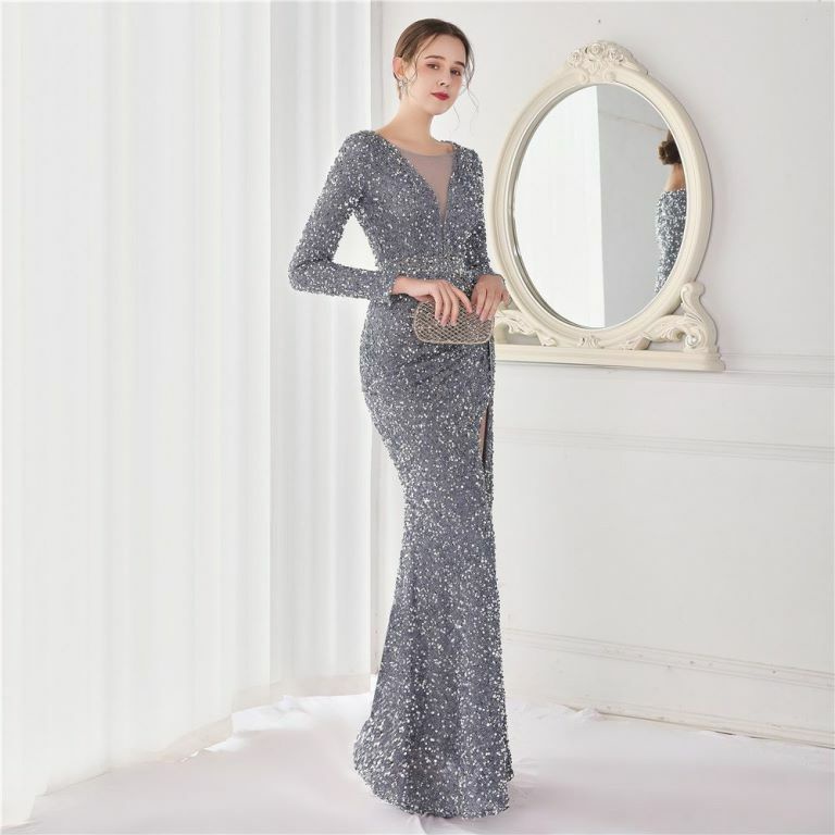 Long Sleeve Illusion V-Neck Evening Gowns (Silver) (Made To Order)