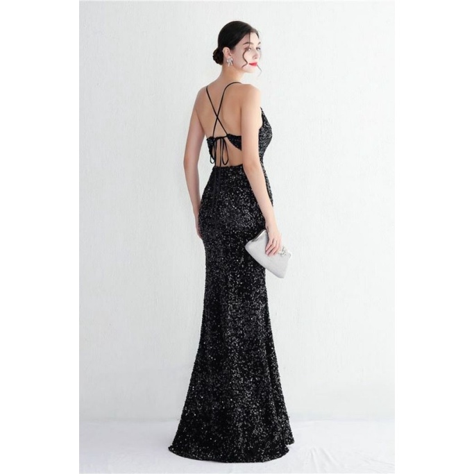 Gorgeous Open Back Spaghetti Evening Gown (Black) (Made To Order)