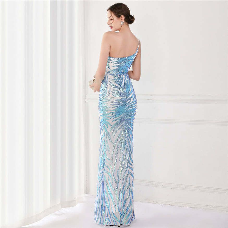 One Side Sling Shoulder Sequins Mermaid Gown (Blue) (Retail)